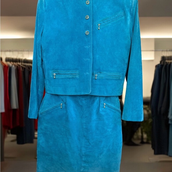 Margaret Godfrey  Union Made Turquoise Suede Skirt Suit  Vtg S 10 - Picture 2 of 14